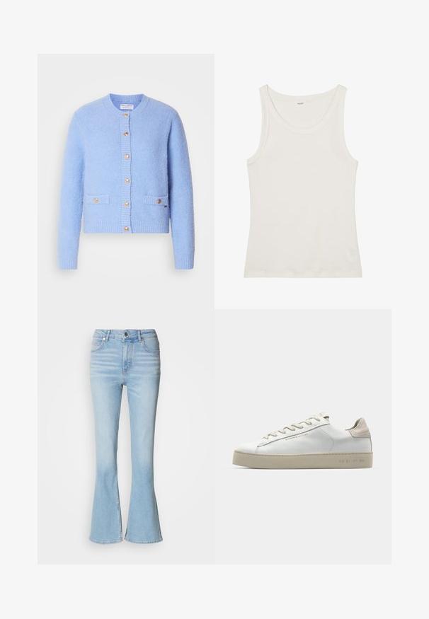 Sky blue, textured cardigan made from soft material, featuring a round neck, button closure, and two front pockets with gold accents.; White cotton tank top with a wide neckline and thin shoulder straps. Smooth texture with no visible patterns or embellishments.; Light blue flared jeans made of denim with a high waist, featuring subtle fading and a standard zip-fly closure.; White leather sneaker with a smooth finish, beige suede accents, round toe, flat lace-up design, and a textured rubber sole.