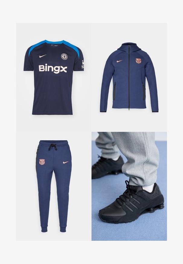 Mörkblå jacka med hel dragkedja och huva, två blixtlåsfickor på sidorna, orange Nike-logotyp och FC Barcelona-klubbmärke på framsidan.; Mörkblå Nike fotbollströja med ljusblå detaljer, med rund hals, korta ärmar och "Bingx" logotyp i krämfärg på framsidan. Chelsea-emblem ingår.; Mörkblå sweatshirtbyxor med elastiska muddar, prydda med en rosa logotyp och Barcelonas sköld, sidfickor och svarta sidopaneler.; Person som bär svarta Nike Shox-sneakers och grå träningsbyxor stående på en ljusblå matta.