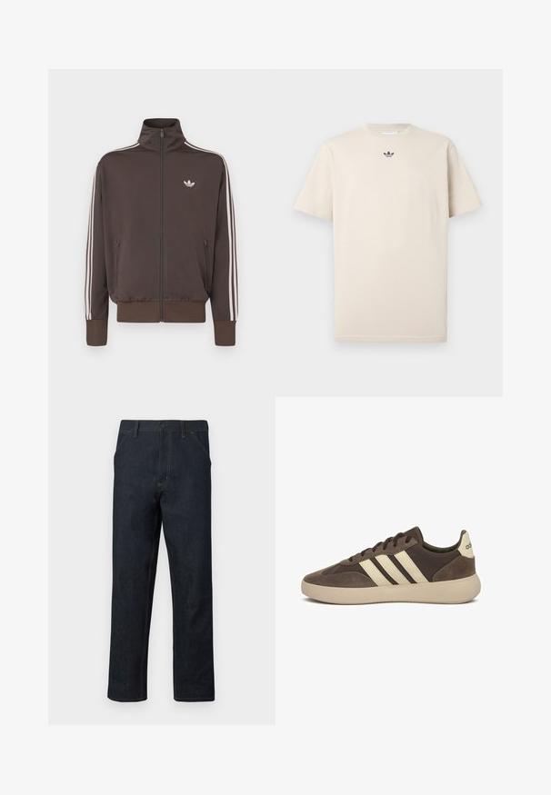 Bruine trainingsjack met ritssluiting, hoge kraag, witte zijstrepen en logo op de borst. Voorzien van twee voorzakken met rits en geribbelde manchetten.; Beige katoenen t-shirt met een ronde hals, korte mouwen en een klein donker logo op de borst. Gladde textuur en casual pasvorm.; Donkerblauwe spijkerbroek met een recht model, gele stiksels, voorzakken en een knoopsluiting in de taille.; Bruine suède sneaker met drie witte strepen, afgeronde neus, dikke rubberen zool en minimale branding op de hiel.