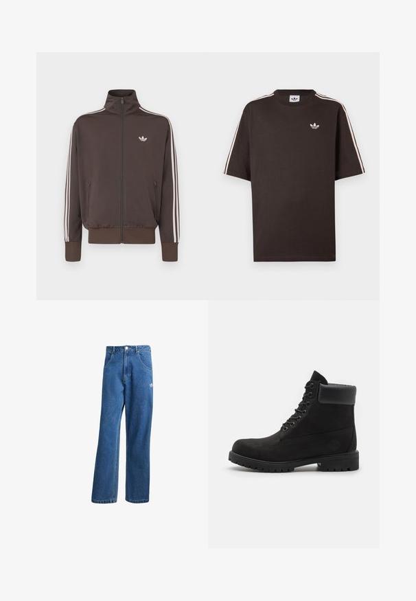 Barna cipzáras széldzseki magas gallérral, fehér oldalsávokkal és logóval a mellkason. Két cipzáras első zsebbel és bordázott mandzsettával rendelkezik.; Barna pamut rövid ujjú póló fehér csíkokkal a vállakon és egy kis fehér logóval a mellkason.; Kék, magas derekú, bő szárú farmernadrág elülső zsebekkel, övhurkokkal, gombos záródással és kicsi Adidas logóval a jobb combon.; Fekete fűzős bokacipő, párnázott gallérral és strapabíró talppal, oldalnézetből, fehér háttér előtt.