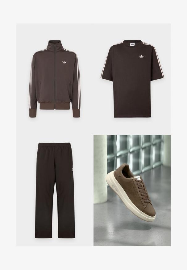 Rjava trenirka z zadrgo in visokim ovratnikom, belimi črtami na straneh in logotipom na prsih. Ponaša se z dvema žepoma z zadrgo spredaj in rebrastimi manšetami.; Rjava bombažna majica s kratkimi rokavi, z belimi črtami na ramenih in majhnim belim logotipom na prsih.; Črne trenirka hlače z elastičnim pasom, ravnim krojem hlačnic in subtilnim logotipom na strani. Narejene iz mehke, gladke tkanine.; Bordo semišni športni copat s kremasto gumijasto podplatom, ravnimi vezalkami in logotipom na strani. Lahka zasnova in gladka tekstura.