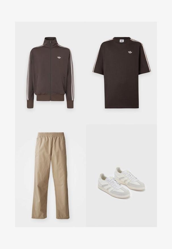 Brun hettejakke med glidelås, høy krage, hvite sidelister og logo på brystet. Har to glidelåslommer foran og ribbestrikkede mansjetter.; Brun bomulls t-skjorte med korte ermer, med hvite striper på skuldrene og en liten hvit logo på brystet.; Beige, lette, elastiske bukser med rett ben. Har lommer på siden og diskrete sting. Glatt tekstur, uformell design.; Hvite joggesko med lysegrå semsket skinndetaljer og striper, med et teksturert stoffoverdel, flate lisser og gummisåle.