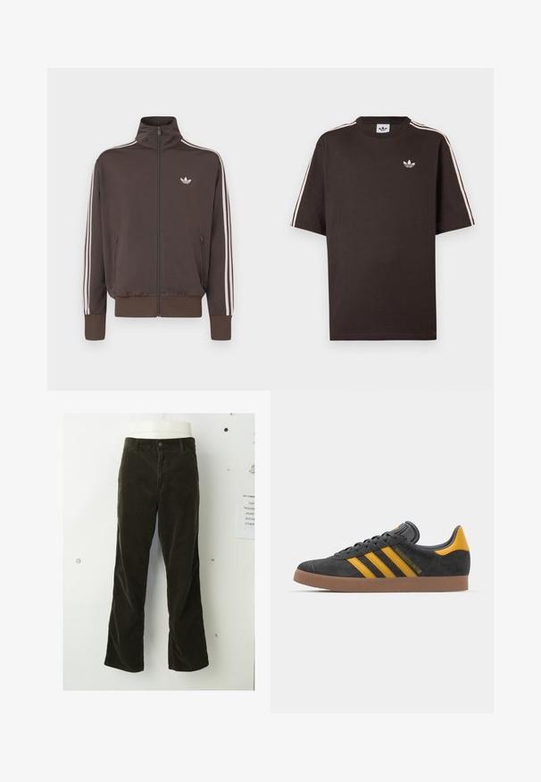 Brown zip-up track jacket with high collar, white side stripes, and logo on the chest. Features two zippered front pockets and ribbed cuffs.; Brown cotton t-shirt with short sleeves, featuring white stripes on the shoulders and a small white logo on the chest.; Brown corduroy pants feature a flared design, vertical ribbed texture, front button closure, and standard pockets.; Black suede sneaker with yellow accents, featuring three stripes and a brown rubber sole. Includes a padded tongue for comfort.