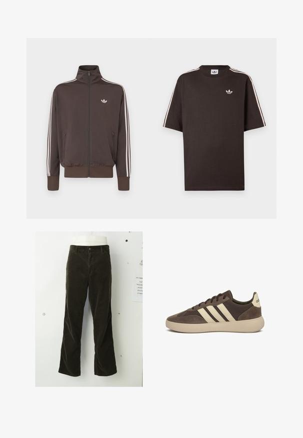 Veste de survêtement marron à fermeture éclair avec col montant, bandes blanches sur les côtés et logo sur la poitrine. Comprend deux poches avant zippées et des poignets côtelés.; T-shirt en coton marron à manches courtes, avec des rayures blanches sur les épaules et un petit logo blanc sur la poitrine.; Un pantalon en velours côtelé marron présente un design évasé, une texture côtelée verticale, une fermeture à bouton à l'avant et des poches standard.; Baskets en suède marron avec trois bandes blanches, bout arrondi, semelle en caoutchouc épaisse et branding minimaliste sur le talon.