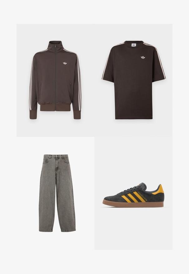 Pruun lukuga spordijakk kõrge kraega, valgete küljeribade ja rinnal oleva logoga. Lisafunktsioonidena kaks lukuga esitaskut ja soonikkoes mansetid.; Pruun puuvillane lühikeste varrukatega T-särk, millel on õlgadel valged triibud ja rinnal väike valge logo.; Hallide denimeeritud püksid kõrge vöökohaga, laiad sääred, klassikaline viie tasku disain ja nuppude sulgemine ees. Kergelt tekstureeritud viimistlus.; Mustad sametist spordijalatsid kollaste aktsentidega, millel on kolm triipu ja pruun kummitald. Mugavuse tagamiseks on neil pehmendatud keele osa.
