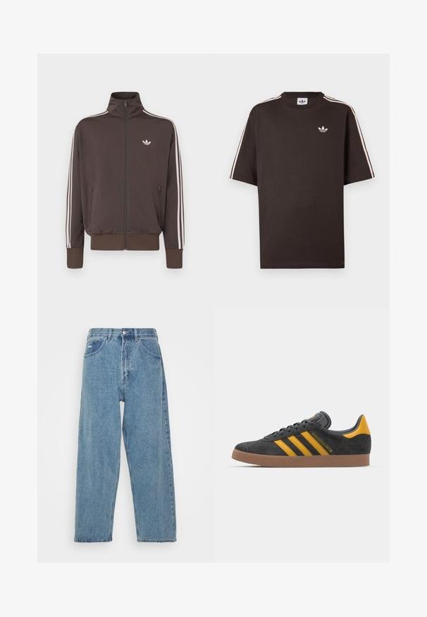 Ruda striukė su užtrauktuku ir aukštu apykakliu, baltomis šoninėmis juostelėmis ir logotipu krūtinėje. Turi dvi priekinės kišenes su užtrauktukais ir ribbino rankogalius.; Ruda medvilninė trumpomis rankovėmis marškinėliai, su baltomis juostelėmis ant pečių ir mažu baltu logotipu ant krūtinės.; Šviesiai mėlynos džinsinės kelnės su aukštu liemeniu, laisvo kirpimo, turinčios dvi priekinės kišenes, nugarinę kišenę su užklijuotu logotipu ir kniedinį užsegimą.; Juodas zomšinės sportbačiai su geltonais akcentais, turintys tris juosteles ir rudą gumos padą. Apima paminkštintą liežuvėlį patogumui.