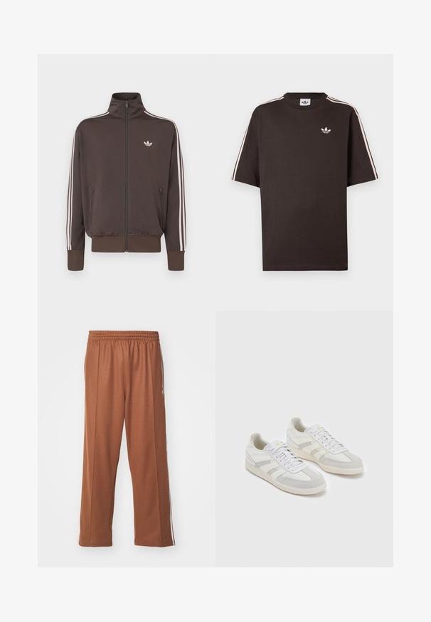 Ruda striukė su užtrauktuku ir aukštu apykakliu, baltomis šoninėmis juostelėmis ir logotipu krūtinėje. Turi dvi priekinės kišenes su užtrauktukais ir ribbino rankogalius.; Ruda medvilninė trumpomis rankovėmis marškinėliai, su baltomis juostelėmis ant pečių ir mažu baltu logotipu ant krūtinės.; Rudos sportiniai kelnės su laisvu pjūviu, elastinga juosmens juosta ir baltais šonais, pagamintos iš minkštos, lygios medžiagos.; Baltos sportbačiai su šviesiai pilkais zomšos akcentais ir juostelėmis, turintys struktūrizuotą audinio viršų, plokščią raištelį ir guminius padus.