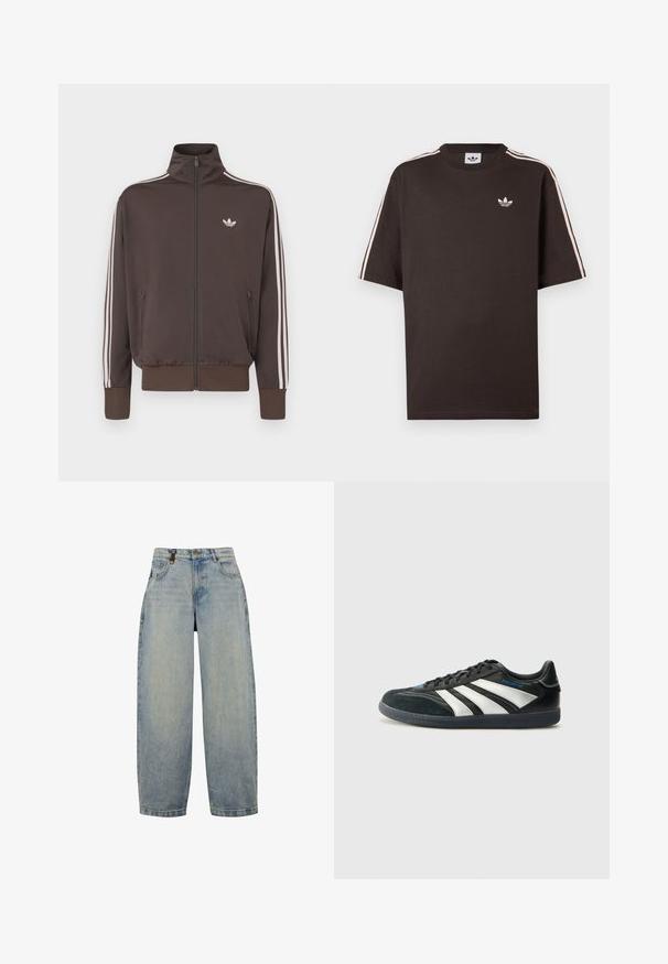 Smeđa trenirka s patentnim zatvaračem, visokim ovratnikom, bijelim bočnim prugama i logotipom na prsima. Ima dva džepa s patentnim zatvaračima sprijeda i rebraste manžete.; Smeđa pamučna majica kratkih rukava s bijelim prugama na ramenima i malim bijelim logotipom na prsima.; Svijetloplavi traperice s opuštenim krojem, koje imaju visoki struk, široke nogavice, klasični dizajn s pet džepova i metalne dodatke.; adidas Performance PREDATOR FREESTYLE JUDE INDOOR FOOTBALL SHOES - Dvoranske nogometne kopačke - core black/silver-coloured/glory blue