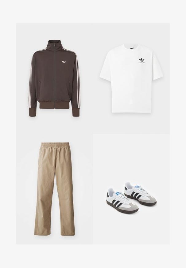 Bruine trainingsjack met ritssluiting, hoge kraag, witte zijstrepen en logo op de borst. Voorzien van twee voorzakken met rits en geribbelde manchetten.; Witte katoenen t-shirt met korte mouwen, voorzien van een zwart "BASKETBALL" logo en het iconische drie-streependesign aan de voorkant.; Beige, lichtgewicht broek met een elastische tailleband, rechte pijpen en zijzakken. Gladde textuur met subtiele stikdetails.; Sportschoenen met een witte leren bovenkant, grijze suède neus en drie zwarte strepen. Bevat een blauw logo op de tong en een gestructureerde rubberen zool.