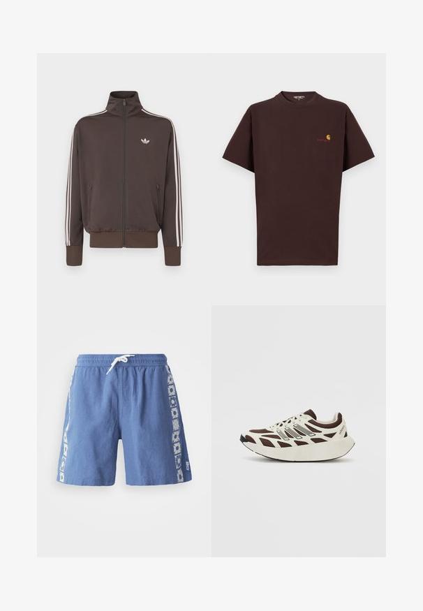 Pruun lukuga spordijakk kõrge kraega, valgete küljeribade ja rinnal oleva logoga. Lisafunktsioonidena kaks lukuga esitaskut ja soonikkoes mansetid.; Pruun puuvillane T-särk lühikeste varrukatega, ümmargune kaelus, vasakul rinnal oranž ja punane logo, sirge helio ja vabalt istuv lõige.; Sinine ujumispüksid kergetest kangast, millel on nööriga vöökoht ja lillemustriga kaunistused külgedel.; Pruun ja kreemikas tennis, millel on võrkmaterjalist ülaserv, tekstuuriga ülekattega ja ümar paks valge tald. Omab madalat keelt ja paelu.