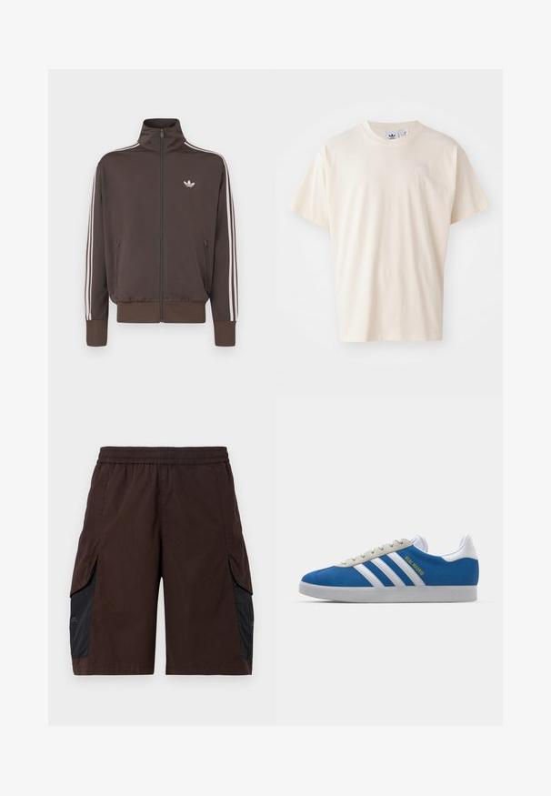 Brown zip-up track jacket with high collar, white side stripes, and logo on the chest. Features two zippered front pockets and ribbed cuffs.; Cream cotton t-shirt with a round neckline and short sleeves; features a small, light-colored logo on the chest.; Brown shorts with an elastic waistband, featuring black side panels and slip pockets. Material appears lightweight with a smooth texture.; adidas Originals ADIDAS GAZELLE SHOES - Indoor football boots - real madrid/bluebird/footwear white/crew yellow