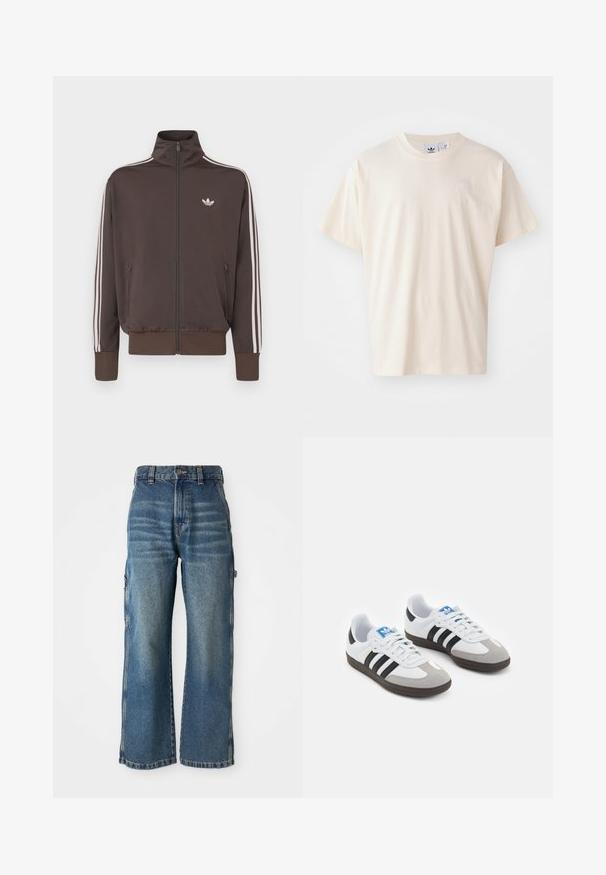 Chaqueta deportiva marrón con cremallera, cuello alto, rayas blancas en los laterales y logo en el pecho. Cuenta con dos bolsillos frontales con cremallera y puños acanalados.; Camiseta de algodón color crema con cuello redondo y mangas cortas; presenta un pequeño logo de color claro en el pecho.; Jeans de corte amplio en denim de color azul claro con un acabado desgastado, que presentan una cintura alta, trabillas para cinturón y bolsillos laterales. Detalles de costura visibles.; Zapatillas deportivas con parte superior de piel blanca, puntera de ante gris y tres rayas negras. Presentan un logo azul en la lengüeta y una suela de goma texturizada.
