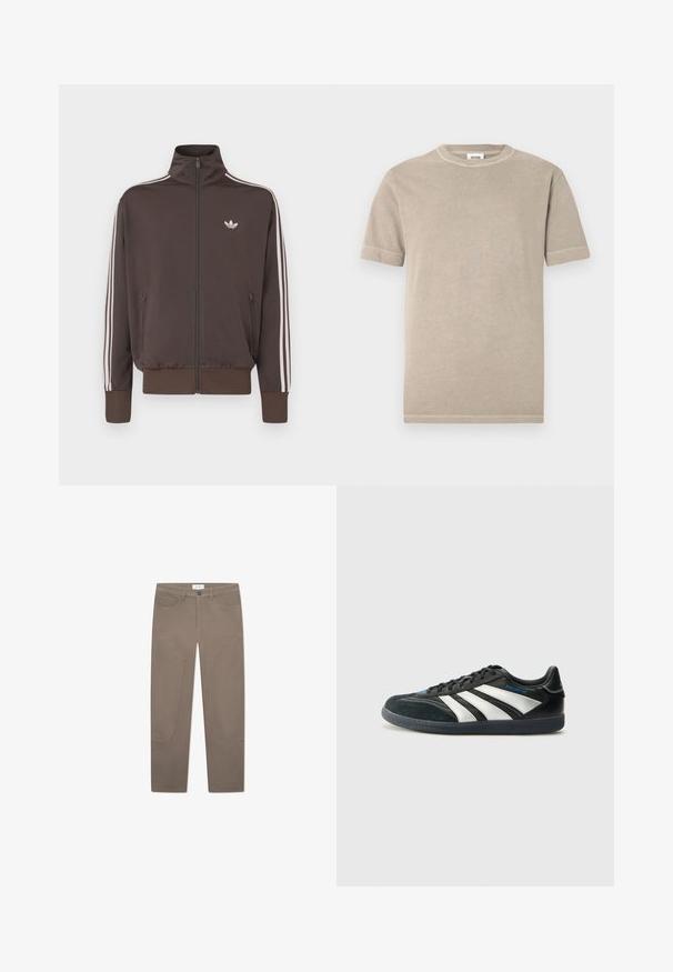 Brown zip-up track jacket with high collar, white side stripes, and logo on the chest. Features two zippered front pockets and ribbed cuffs.; Beige cotton t-shirt with short sleeves and a round neckline. Features visible stitching along the sleeves and hem. Simple, smooth texture.; Brown trousers with a straight cut, featuring front pockets and accent stitching along the sides for added detail and texture.; adidas Performance PREDATOR FREESTYLE JUDE INDOOR FOOTBALL SHOES - Indoor football boots - core black/silver-coloured/glory blue