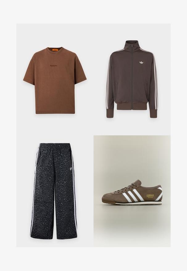 Hnědá sportovní bunda na zip s vysokým límcem, bílými pruhy po stranách a logem na hrudi. Má dvě přední kapsy na zip a žebrované manžety.; Hnědý bavlněný tričko s volným střihem, kulatým výstřihem a malým vyšitým logem na přední straně. Krátké rukávy, minimalistický design.; adidas Originals GRAPHIC UNISEX - Teplákové kalhoty - black; Hnědá semišová teniska s třemi bílými pruhy, plochou gumovou podrážkou, kulatou špičkou a zlatým logem „adidas Italia“ na boku.