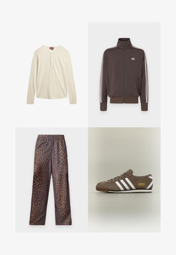 Braune Trainingsjacke mit Reißverschluss, hohem Kragen, weißen Seitenstreifen und Logo auf der Brust. Verfügt über zwei vordere Reißverschlusstaschen und gerippte Bündchen.; Langärmliges Henley-Shirt aus cremefarbenem Stoff mit weicher Textur, ausgestattet mit einer Knopfleiste mit drei Knöpfen und einem abgerundeten Saum.; Leopardmuster-Hosen mit einem elastischen Bund. Hergestellt aus einem glänzenden Stoff, mit einem braunen Grundton und schwarzen Flecken sowie einem lockeren Schnitt.; Brauner Wildleder-Sneaker mit drei weißen Streifen, flacher Gummisohle, rundem Zeh und goldenem "adidas Italia"-Logo an der Seite.
