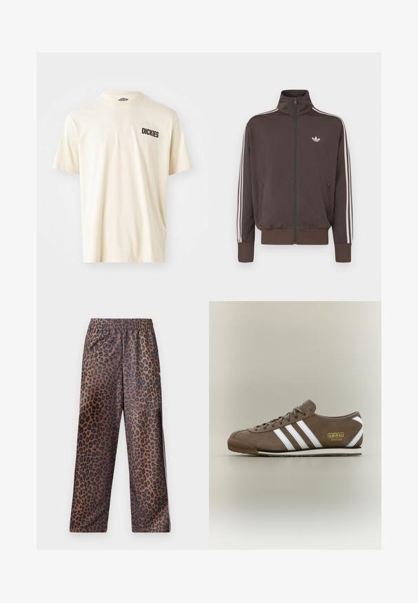 Ruskea vetoketjullinen verkkaritakki korkealla kauluksella, valkoisilla sivuraidoilla ja logolla rinnassa. Takissa on kaksi vetoketjullista etutaskua ja resorit hihansuissa.; Vaaleanbeige puuvillapaita, jossa on lyhyet hihat ja pyöreä kaula-aukko. Vasemmassa rinnassa tummanruskea logo-teksti "DICKIES".; Leopardikuosiset housut, joissa on joustava vyötärö. Valmistettu kiiltävästä kankaasta, jossa on ruskea pohja ja mustia laikkuja sekä väljä malli.; Ruskea mokkanahkainen tennari, jossa on kolme valkoista raitaa, tasainen kumipohja, pyöreä kärki ja kultainen "adidas Italia" -logo sivussa.