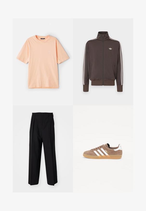 Hnedá športová bunda na zips s vysokým golierom, bielymi pruhmi na bokoch a logom na hrudi. Má dve predné vrecká na zips a rebrované manžety.; Krátky rukáv broskyňovej farby vyrobený z bavlny, s okrúhlym výstrihom a malým bielym logom na ľavom prsnom mieste.; Čierne skladané nohavice s rovnom, širokým strihom. Vyrobené z hladkého materiálu, s gombíkovým zapínaním a pútkami na opasok.; Hnedé semišové tenisky s tromi bielymi pruhmi, zlatým logom "Gazelle" a gumovou podrážkou. Majú polstrovaný jazyk a pätu pre pohodlie.