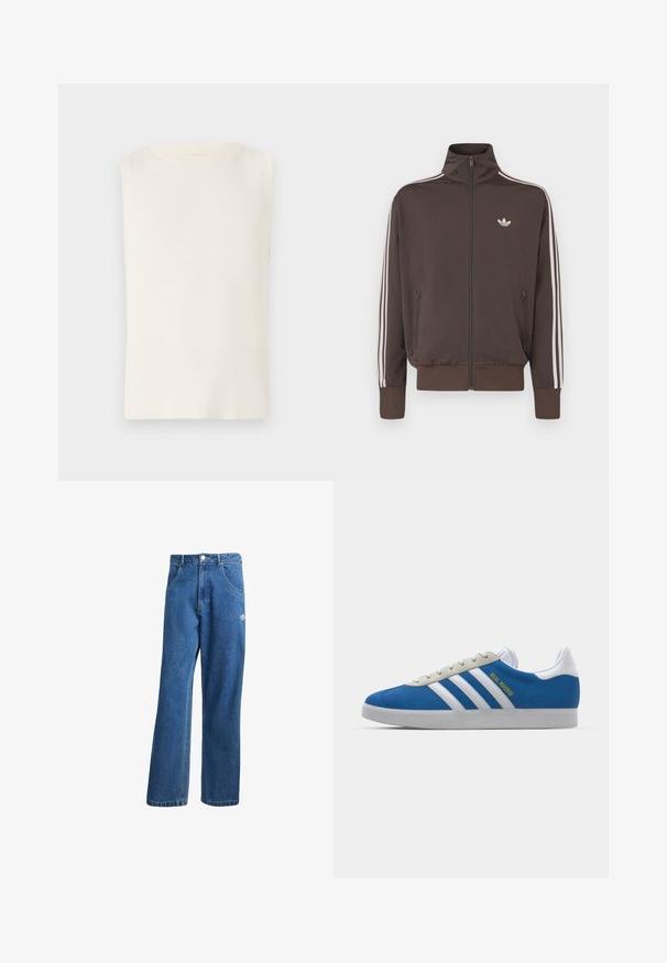 Brun hettejakke med glidelås, høy krage, hvite sidelister og logo på brystet. Har to glidelåslommer foran og ribbestrikkede mansjetter.; Ermeløs hvit ribbet topp med rund hals, med en glatt tekstur og en tettsittende design, passende for hverdagsbruk.; Blå høyhalsede vide denimjeans med frontlommer, belteholdere, knappelukking og liten Adidas-logo på høyre lår.; adidas Originals ADIDAS GAZELLE SHOES - Innendørsfotballsko - real madrid/bluebird/footwear white/crew yellow