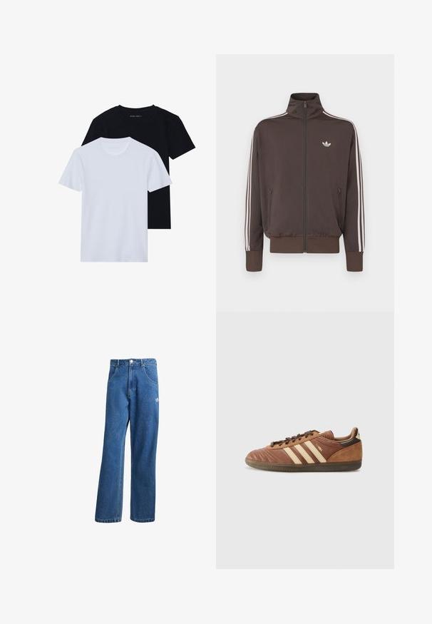 Brun hettejakke med glidelås, høy krage, hvite sidelister og logo på brystet. Har to glidelåslommer foran og ribbestrikkede mansjetter.; To t-skjorter med kort erm og rund hals, en svart og en hvit, laget av mykt bomullsmateriale med ribbestruktur. Klassisk passform.; Blå høyhalsede vide denimjeans med frontlommer, belteholdere, knappelukking og liten Adidas-logo på høyre lår.; adidas Originals SAMBA UNISEX - Joggesko - preloved brown/sand strata/dark brown