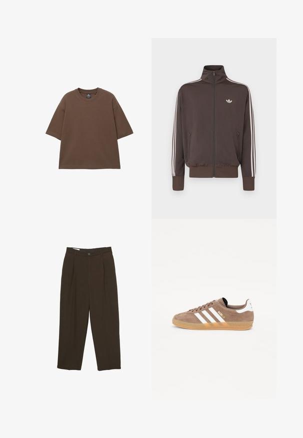 Brun lynlås-trackjakke med høj krave, hvide sidestriber og logo på brystet. Har to lynlåslommer foran og ribkantede ærmer.; Brun oversized t-shirt lavet af blød bomuld, med rund halsudskæring og korte ærmer. Sømløst design uden yderligere mønstre eller detaljer.; Mørkebrune skræddersyede bukser med frontfolder, bæltestropper og en knaplukning i taljen.; Brune ruskinds sneakers med tre hvide striber, gylden "Gazelle" logo og gummisåler. Udstyret med polstret tunge og hæl for ekstra komfort.