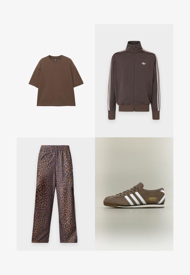 Braune Trainingsjacke mit Reißverschluss, hohem Kragen, weißen Seitenstreifen und Logo auf der Brust. Verfügt über zwei vordere Reißverschlusstaschen und gerippte Bündchen.; Braunes, übergroßes T-Shirt aus weicher Baumwolle mit rundem Halsausschnitt und kurzen Ärmeln. Nahtloses Design ohne zusätzliche Muster oder Akzente.; Leopardmuster-Hosen mit einem elastischen Bund. Hergestellt aus einem glänzenden Stoff, mit einem braunen Grundton und schwarzen Flecken sowie einem lockeren Schnitt.; Brauner Wildleder-Sneaker mit drei weißen Streifen, flacher Gummisohle, rundem Zeh und goldenem "adidas Italia"-Logo an der Seite.