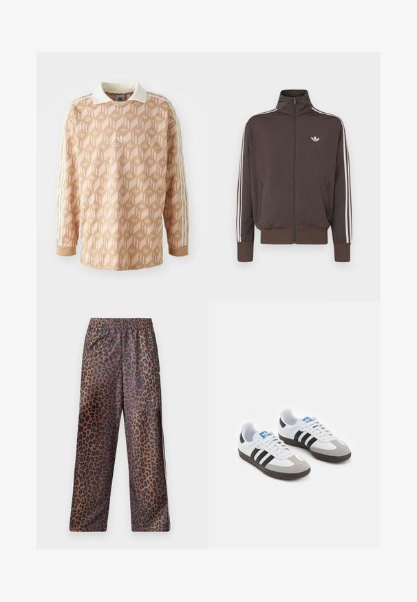 Rjava trenirka z zadrgo in visokim ovratnikom, belimi črtami na straneh in logotipom na prsih. Ponaša se z dvema žepoma z zadrgo spredaj in rebrastimi manšetami.; Majica z dolgimi rokavi v svetlo breskevovi barvi z geometrijskim vzorcem. Ima bel ovratnik in tri smetane črte na vsaki rokavi.; Hlače s leopardjim vzorcem in elastičnim pasom. Narejene iz sijočega materiala, z rjavo osnovo in črnimi pikami ter ohlapnim krojem.; Športni čevlji z belim usnjenim zgornjim delom, sivim semišem na prstih in tremi črnimi črtami. Imajo modro logo na jeziku in teksturiran gumijast podplat.