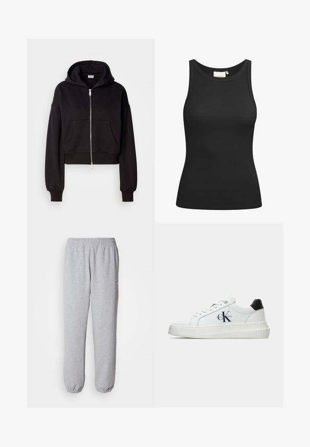 Mustat lyhyet hupparit, joissa on etuvetoketju, suuri huppu ja kengurupocket. Pehmeä kangas, jossa on ribbireunat ja helma.; Musta hihaton paita ribbikankaasta, jossa on pyöreä kaula-aukko ja istuva muoto. Tasasaumat ja ei koristeita. Yksinkertainen ja tyylikäs muotoilu.; Harmaat collegehousut, jotka on valmistettu pehmeästä, teksturoidusta kankaasta. Jousto- ja lahkeensuut, joissa on pieni logo vasemmalla puolella.; Valkoiset matalat tennarit, joissa on musta kantapää, alustasolki, nauhat ja Calvin Kleinin "CK" logo sivuilla.