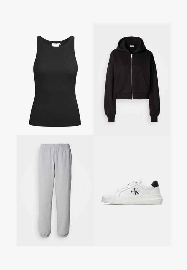 Črn skrajšan kapucar z zadrgo spredaj, velikim pokrovom in kenguru žepom. Mehka tkanina z rebrastimi manšetami in robom.; Črn top brez rokavov, izdelan iz rebraste tkanine, z ovalnim izrezom in pristnim krojem. Ima ravne šive in brez okrasnih elementov. Preprost in eleganten dizajn.; Sive trenerke iz mehkega teksturiranega materiala. Elastični pas in manšete, z majhnim logotipom na levi strani.; Bele nizke superge z črnim hrbtnim delom, platformo, vezalkami in Calvin Klein "CK" logotipom na strani.