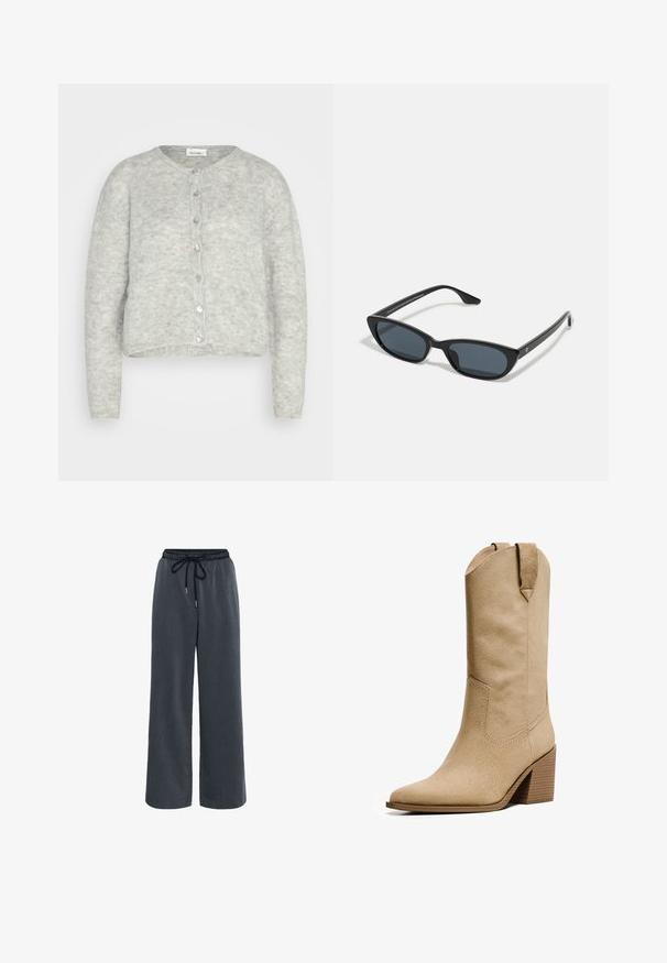 Jasnoszary krótki kardigan wykonany z miękkiego materiału, z okrągłym dekoltem, długimi rękawami i zapięciem na guziki z błyszczącymi guziczkami.; PULL&BEAR - Top; Kaffe NEVIL ciemnoszary; Bershka - Kowbojki i obuwie motocyklowe; Czarne okulary w kształcie kociego oka z ciemnymi soczewkami, plastikową ramką, smukłymi zausznikami i subtelnym logo na wewnętrznej stronie zausznika. Matowa tekstura.; Brązowa zamszowa torebka na ramię z wygiętym uchwytem, miękką fakturą i zamknięciem na górze na zamek. Brak widocznych elementów metalowych i wzorów.