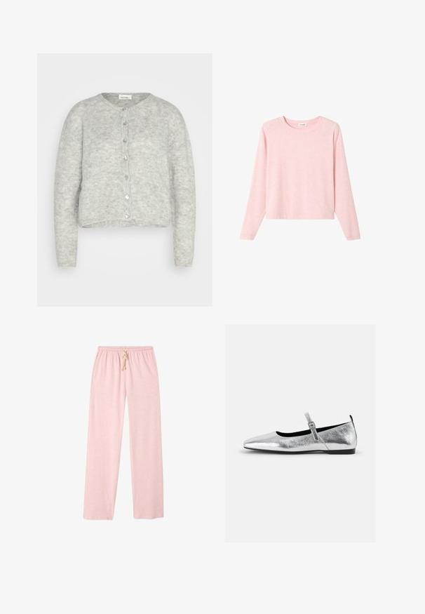 Jasnoszary krótki kardigan wykonany z miękkiego materiału, z okrągłym dekoltem, długimi rękawami i zapięciem na guziki z błyszczącymi guziczkami.; Jasnoróżowa, długosleeve koszula wykonana z miękkiego materiału, z klasycznym okrągłym dekoltem i luźnym krojem, bez wzorów ani akcentów.; Jasnoróżowe, bawełniane spodnie dresowe o luźnym kroju, z elastycznym pasem i detalem w postaci sznureczka. Gładka faktura, pełna długość.; Srebrne metaliczne baletki z ostrym noskiem, paskiem wokół kostki z regulowanym zapięciem, teksturowaną powierzchnią i minimalistyczną czarną podeszwą.