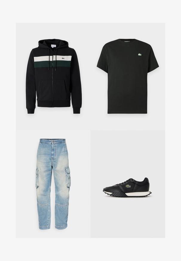 Juodas zip-up džemperis, pagamintas iš minkštos medžiagos. Yra balta ir tamsiai žalia horizontalios juostos paletė per krūtinę ir priekinė kišenė. Su kapišonu.; Juoda medvilninė marškinėliai su apvalia iškirpte, trumpomis rankovėmis ir žaliu siuvinėjimu ant kairės krūtinės. Lygus audinys, laisvas fasonas.; Šviesiai mėlynos džinsinės cargo kelnės su keliais šoniniais kišenėmis, laisvas tinkamos, ir matomu siuvimu. Yra sagos ir užtrauktuko uždarymas juosmens srityje.; Juodi sportbačiai su lygiu odiniu paviršiumi, turintys tekstūruotą gumos padu, baltą tarprūšį ir žalią siuvinėtą logotipą šone.