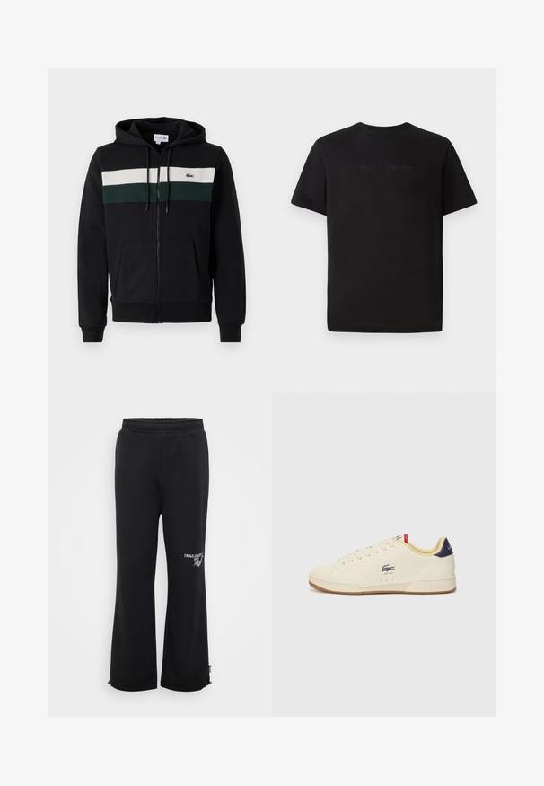 Svart zip-up hoodie i mjukt tyg. Har ett vitt och mörkgrönt horisontellt rand över bröstet och en frontficka. Huva ingår.; Lacoste T-shirt - bas - black; Svarta träningbyxor med avslappnad passform, tillverkade av mjukt tyg. Har en elastisk midja och sidofickor, med en logotyp på det ena benet.; Lacoste-sneakers i krämfärgad läder med en strukturerad yta. Innehåller en gummisula, snörning fram, marinblå häl och broderad logotyp.