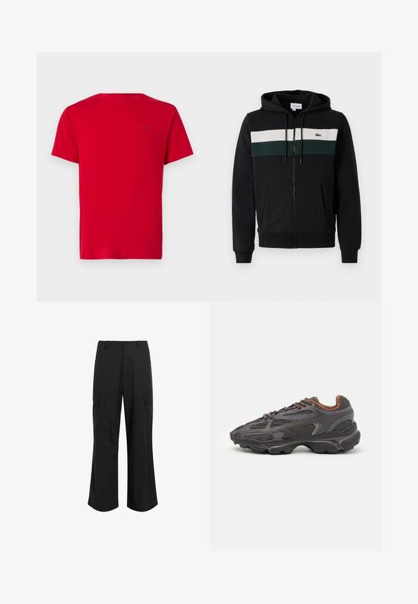 Mustat vetoketjuhupparit, jotka on valmistettu pehmeästä kankaasta. Siinä on valkoinen ja tumma vihreä vaaka raidat rinnan kohdalla sekä etutasku. Huppu sisältyy.; Punainen pyöreäkauluksinen T-paita, lyhyet hihat, puuvillakangasta, sileä pinta, jossa on pieni musta logopaino yläselässä.; Mustat cargo-housut kevyestä kankaasta, rentoa istuvuutta, joissa on kaksi suurta sivutaskua ja nappikiinnitys.; Lacoste-tennar i mörkgrått med nät- och syntetmaterial, med en texturerad sula och bruna accenter på kragen och märket.