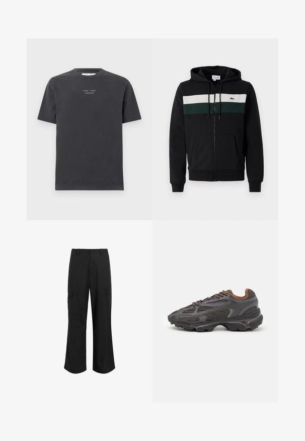 Črna zip-up kapuca iz mehkega materiala. Ima bel in temno zelen vodoravni pas čez prsa ter sprednji žep. Vključena kapuca.; Temno siva bombažna majica s kratkimi rokavi in okroglo ovratnikom, ki ima na prsih belo vezeno besedilo "SAMSØE SAMSØE COPENHAGEN".; Črne cargo hlače iz lahkega materiala, z ohlapnim krojem, dvema velikima stranskima žepoma in gumbom za zapiranje.; Lacoste teniske v temno sivi barvi z mrežasto in sintetično prevleko, s teksturiranim podplatom in rjavimi detajli na ovratniku ter blagovni znamki.