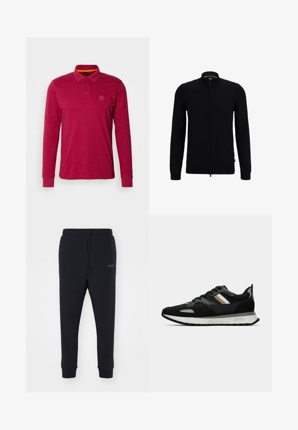 Čierny zipsový sveter s vysokým golierom, vyrobený z hladkej pleteniny. Má dlhé rukávy a štíhly strih. Bez viditeľných vzorov.; Dlhý rukáv polo tričko v jednotnej bordovej bavlne, s trojbuttonovou légou, rebrovanými manžetami a malou nášivkou loga na hrudi.; Čierne tepláky vyrobené z mäkkého materiálu s elastickým pásom, šnúrkou na stiahnutie a zúženými nohavicami. Obsahujú malé logo na boku.; Čierna bežecká obuv s textúrovaným povrchom, svetlošedými akcentmi a tromi horizontálnymi pruhmi v hnedej farbe. Obsahuje bielu polstrovanú podrážku.