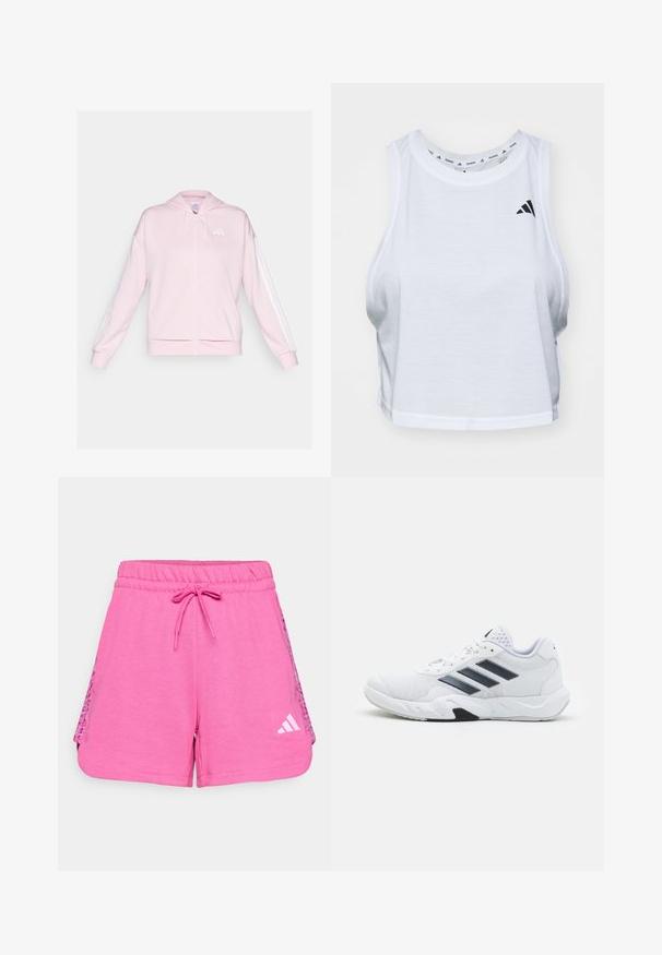 Rosa zip-up huvtröja i mjukt tyg, med dragsko i huvan, två framfickor och vita ränder längs ärmarna. Logotyp på bröstet.; Vit kortärmad tanktopp i lättviktsmaterial med rund halsringning. Har en svart logotyp på vänster sida och en slät textur.; Rosa träningsshorts tillverkade av mjukt material, med en elastisk midja med dragsnöre och nätpaneler på sidorna för ventilation.; Vit sportskor med mesh-överdel, tre svarta ränder på sidan, texturerade detaljer och en stadig gummisula med en kontrasterande svart del.