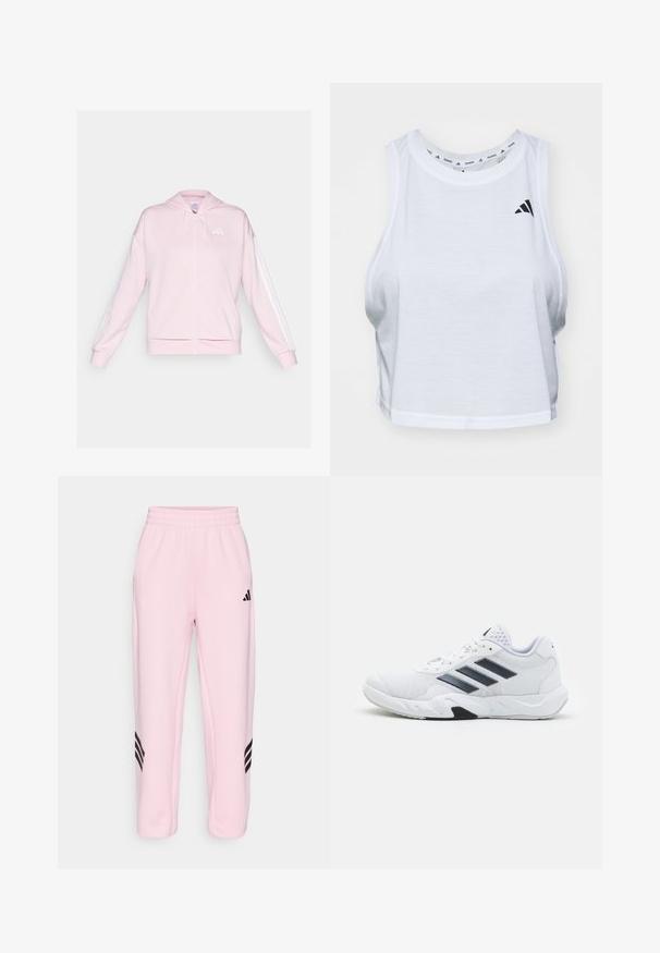 Rožinė užtrauktukinė džemperis, pagamintas iš minkštos medžiagos, su raišteliu reguliaujamu gaubtu, dviem priekinėmis kišenėmis ir baltomis juostelėmis ant rankovių. Logotipas ant krūtinės.; Balta trumpa vientisa maikutė, pagaminta iš lengvos medžiagos, su apvaliu iškirpimu. Kairėje pusėje yra juodas logotipas, o medžiaga maloni ir lygi.; Rožinės sportinės kelnės su elastinga juosmens juosta, su juodomis trimis juostelėmis šoninėse dalyse ir lygiu, lengvu audiniu.; Baltas sportinis batelis su tinklelio viršumi, trimis juodomis juostelėmis šone, tekstūruotais akcentais ir tvirtu guminio pado su kontrastinga juoda dalimi.