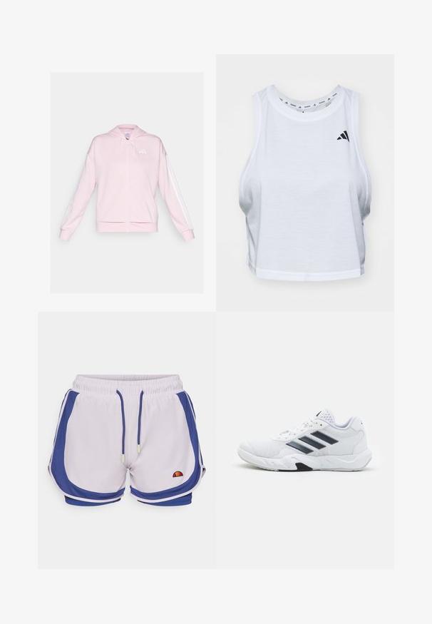 Roosa tõmblukuidee pehme kangaga, millel on köiekapuuts, kaks eesmist taskut ja valged triibud varrukatel. Rinnal logo.; Valge lühike tank tops, mis on valmistatud kerge kanga materjalist ja millel on ümar kaelus. Selle küljes on must logo vasakul poolel ja sile tekstuur.; Heledad lilla lühikesed püksid tumeda sinise külgaktsendiga ja elastse kummiga. Omab kontrastõmblusi ja väikest, mitmevärvilist logo.; Valge spordijalats, millel on võrkpealne, kolm musta triipu küljepeal, tekstuuriga aktsendid ning tugev kummist tallaosa, millel on kontrastne must osa.