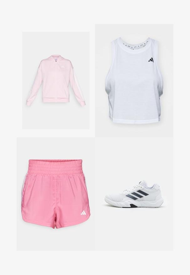 Rózsaszín, cipzáras kapucnis pulóver puha anyagból, húzózsinórral ellátott kapucnival, két elülső zsebbel és fehér csíkokkal a ujjak mentén. Logó a mellkason.; Fehér, rövid fazonú, könnyű anyagból készült top, kerek nyakkivágással. A bal oldalon fekete logóval és sima textúrával rendelkezik.; Rózsaszín sportnadrág rugalmas derékkal, fehér oldalsó részletekkel és egy kis fehér logóval az alsó jobb oldalon.; Fehér sportcipő, hálós felsőrésszel, az oldalon három fekete csíkkal, textúrázott részletekkel és egy tartós gumi talppal, amelynek ellentétes fekete szakasza van.