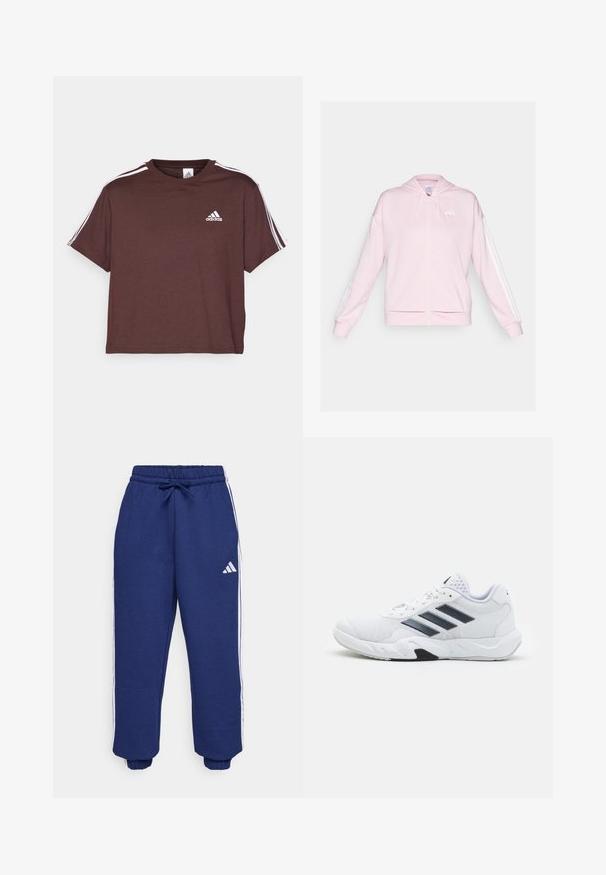 Fleece com fecho éclair cor-de-rosa feito de tecido suave, com capuz ajustável, duas bolsas frontais e riscas brancas ao longo das mangas. Logotipo no peito.; adidas Sportswear ESSENTIALS 3 STRIPES SINGLE CROPPED - T-shirt estampada - shadow brown; Calças atléticas em azul-marinho, feitas de um tecido macio, com riscas brancas nas laterais, cintura elástica com cordão ajustável e punhos elásticos.; Tênis atlético branco com parte superior em malha, três listras pretas de cada lado, detalhes texturizados e uma sola de borracha resistente com uma seção preta contrastante.
