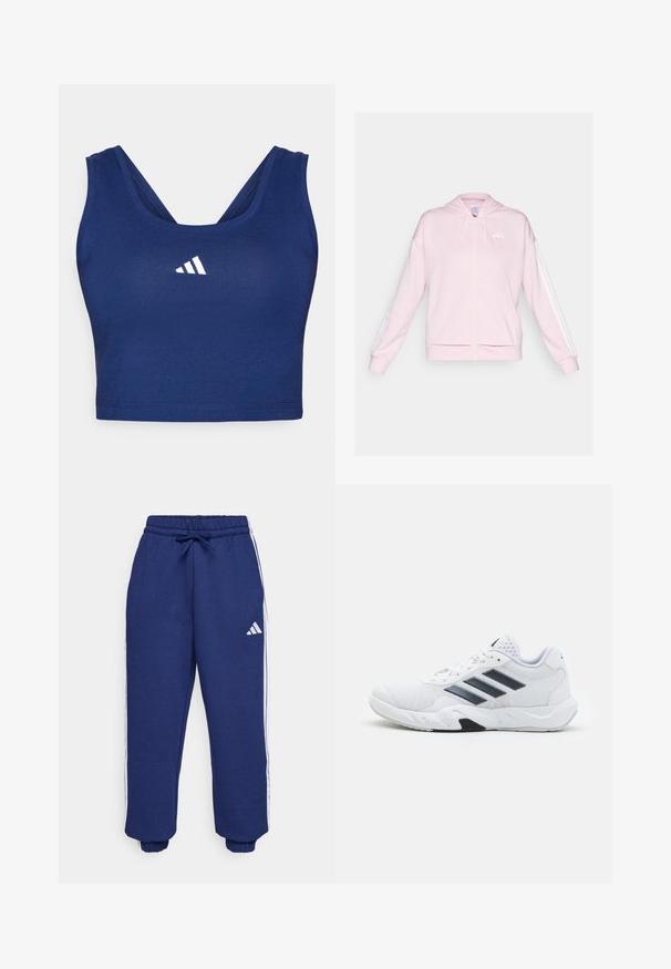 Rožinė užtrauktukinė džemperis, pagamintas iš minkštos medžiagos, su raišteliu reguliaujamu gaubtu, dviem priekinėmis kišenėmis ir baltomis juostelėmis ant rankovių. Logotipas ant krūtinės.; Tamsiai mėlynas sportinis liemenukas, pagamintas iš lygaus audinio, su lenkta nugaros dalimi ir baltu siuvinėtų logotipu priekyje.; Jūriniai sportiniai kelnės iš minkštos medžiagos, su baltais šonais, elastinga liemeniu su reguliuojama virvele ir elastiniais rankogaliais.; Baltas sportinis batelis su tinklelio viršumi, trimis juodomis juostelėmis šone, tekstūruotais akcentais ir tvirtu guminio pado su kontrastinga juoda dalimi.