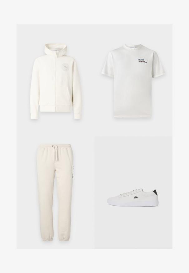 Helle cremefarbene Zip-Hoodie mit einer Vordertasche, gerippten Bündchen und einem kreisförmigen Logo auf der linken Brust, aus weichem Stoff gefertigt.; Weißes Baumwoll-T-Shirt mit rundem Halsausschnitt, kurzen Ärmeln und kleinem gesticktem Logo mit Bergen und Text auf der linken Brust.; Beige Sweatpants aus weicher Baumwolle, mit einem elastischen Taillenbund mit Kordelzug, Rippbündchen und einem bedruckten Design an der Seite.; Weiße Leder-Sneaker mit runder Spitze, Schnürung und schwarzem Fersenakzent. Verfügt über ein kleines gesticktes Krokodillogo an der Seite.