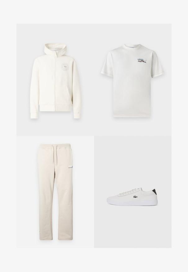 Lichtcrème zip-up hoodie met een voorzak, ribgebreide boorden en een cirkelvormig logo op de linkerborst, met een zachte stoftextuur.; Witte katoenen T-shirt met een ronde hals, korte mouwen en een klein geborduurd logo met bergen en tekst op de linkerborst.; Beige sweatpants van zacht materiaal, met een elastische tailleband met koord, rechte pijpen en een klein blauw logo-detail.; Witte leren sneaker met ronde neus, vetersluiting aan de voorkant en zwarte hakaccent. Beschikt over een klein geborduurd krokodillenlogo aan de zijkant.