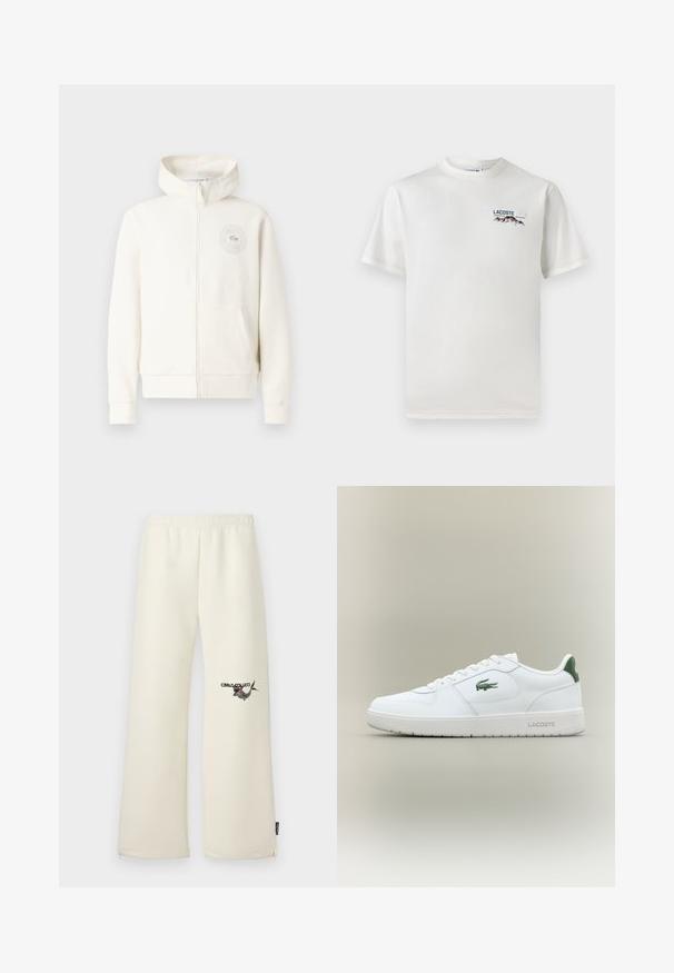 Ljusgrå zip-up hoodie med framficka, ribbade muddar och en cirkulär logotyp på vänster bröst, med mjuk klädesstruktur.; Vit bomullströja med rund halsringning, korta ärmar och en liten broderad logotyp med berg och text på vänster bröst.; Krämfärgade sweatpants med en avslappnad passform, elastisk midja och sidofickor. Har en tryckt design på vänster lår.; Vita lädersneaker med en slät yta, gröna detaljer på hälen och en grön logotyp på sidan. Har en platt sula och rund tå.