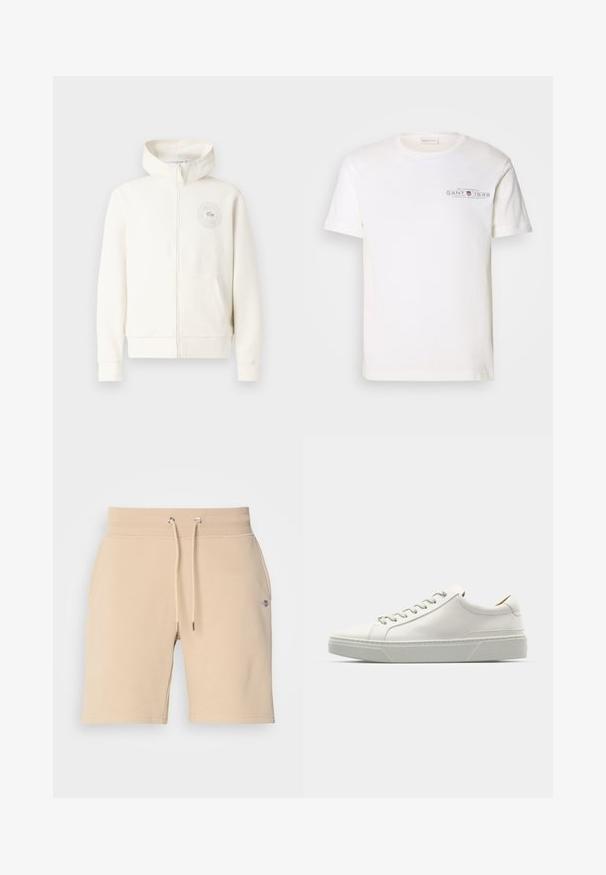 Lichtcrème zip-up hoodie met een voorzak, ribgebreide boorden en een cirkelvormig logo op de linkerborst, met een zachte stoftextuur.; Witte katoenen t-shirt met ronde hals, korte mouwen en een bedrukt logo. Heeft een minimalistisch design en een relaxte pasvorm.; Beige katoenen shorts met een elastische tailleband, verstelbaar trekkoord en zijzakken. Bevat een klein logo op de linkerdij.; Witte leren sneaker met een ronde neus, minimalistisch ontwerp, grijze veters en een gestructureerde grijze rubberen zool. Fijne stikdetails zichtbaar.