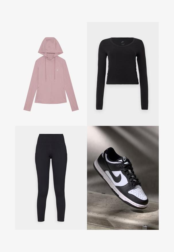 Világos rózsaszín, zipzáros kapucnis pulóver, raglán ujjakkal, elülső zsebekkel és húzózsinórokkal. Sima textúra és diszkrét logó a mellkasnál.; Hosszú ujjú, rövid fazonú póló tiszta fekete pamutból. Kerek nyakkivágással és enyhe oldalsó ráncolási részlettel rendelkezik, amely szorosabb megjelenést kölcsönöz.; Fekete, magas derekú leggings rugalmas anyagból, sima textúrával és testhezálló kialakítással, amely a boka fölé nyúlik.; Fekete-fehér Nike Dunk Low sneaker, bőr felsőrésszel, perforált orral és fekete fűzőkkel, fehér talppal és logó kiegészítőkkel.