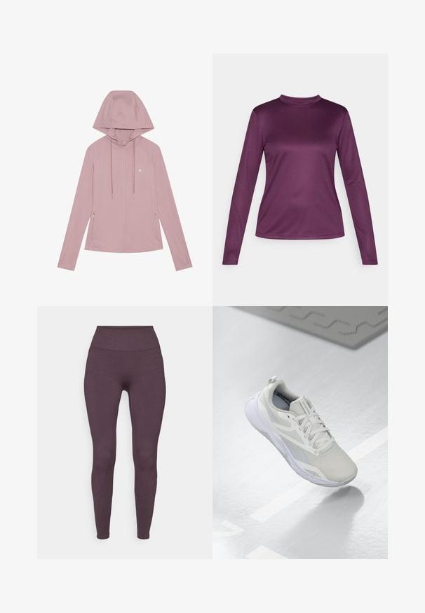 Light pink zip-up hoodie with a hood, raglan sleeves, front pockets, and drawstrings. Smooth texture and subtle logo on the chest.; Long-sleeve top made of smooth, stretchy purple fabric with a mock neck design, featuring a fitted silhouette and flat seams.; Fabletics SEAMLESS HIGH WAISTED LEGGING - Leggings - deep plum; White athletic shoe with a mesh upper, padded tongue, and a white rubber sole. Notable accents include light gray detailing and pull tab.