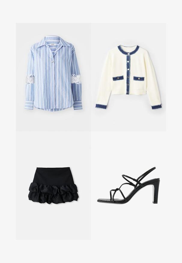 Krémový krátký kardigan s modrým denimmovým lemem, čtyřmi předními kapsami a stříbrnými knoflíky. Měkká tkanina s texturovaným povrchem.; sandro HAUT - Košilová halenka - bleu/blanc; Černá mini sukně s upnutým topem a třemi vrstvami volánkového materiálu na spodní části, s hladkou texturou a čistými liniemi.; Černé sandály na podpatku s tenkými pásky, strukturovaným povrchem, otevřenou špičkou a elegantním, špičatým designem podpatku. Obsahují hladkou stélku a lesklý povrch.
