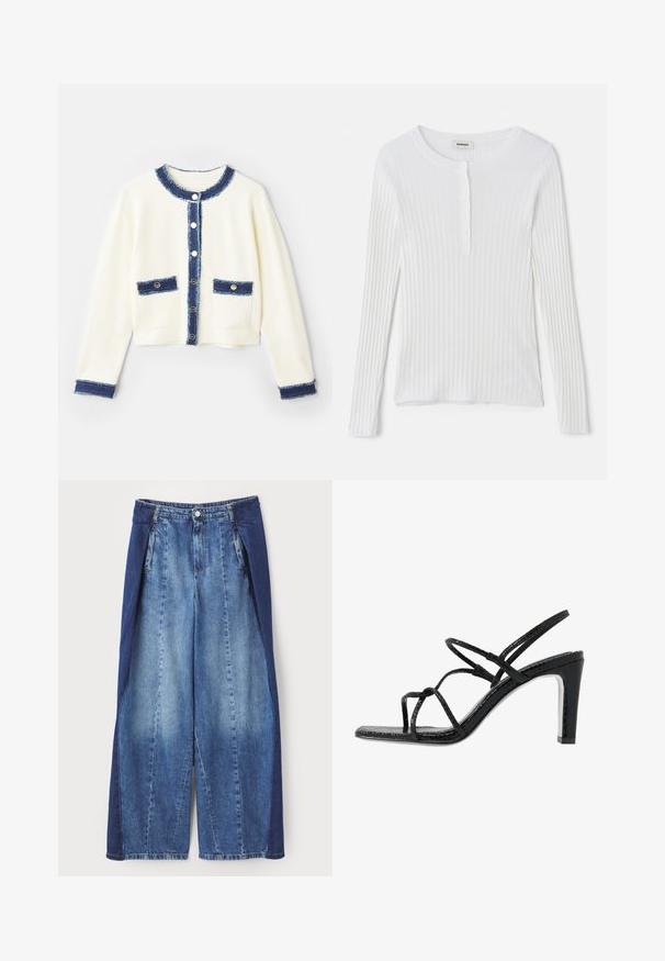 Cardigan scurt de culoare crem, cu o margine din denim albastru, patru buzunare frontale și nasturi argintii. Material moale cu un finisaj texturat.; Top lung cu maneci lungi, alb, cu un guler rotund și o serie de butoane mici pe partea din față. Textură netedă cu un design ajustat.; Pantaloni din denim cu croi larg, având un design bicolor în nuanțe de albastru deschis și închis, cu pliere frontală și închidere cu nasture la talie.; Sandale negre cu toc, cu barete subțiri, finisaj texturat, vârful deschis și un design elegant al tocului ascuțit. Au o talpă interioară netedă și o suprafață strălucitoare.