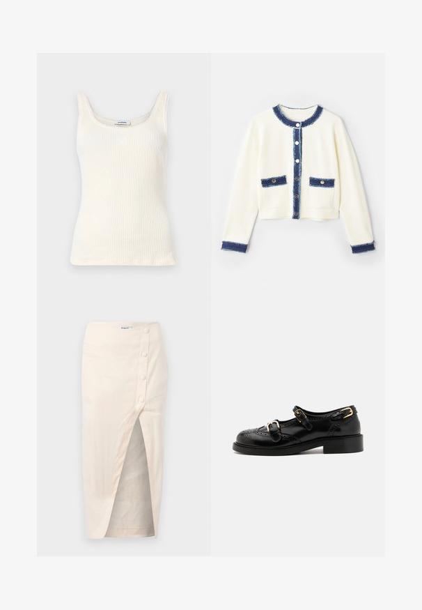 Cremefarbener, kurzer Cardigan mit blauem Jeansbesatz, vier Fronttaschen und silbernen Knöpfen. Weicher Stoff mit strukturierter Oberfläche.; Cremfarbener Rippentop mit Rundhalsausschnitt, schmalen Trägern und kleinem Logo auf der Vorderseite. Weiche Textur, figurbetonte Silhouette und gerader Saum.; Beige Leinen-Midi-Rock mit einem Schlitz auf der Vorderseite, seitlichem Knopfverschluss auf der linken Seite und einer Tasche, mit glatter Textur.; Schwarze Lederschuhe mit Broguedetails, ausgestattet mit zwei Schnallenriemen, einer abgerundeten Zehenpartie und einem flachen Absatz. Glatte Textur mit glänzendem Finish.